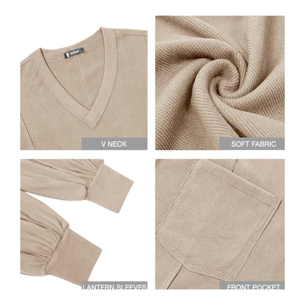 BTFBM Ribbed V-Neck Balloon Sleeve Tunic Top Beige Size L - Picture 7 of 10